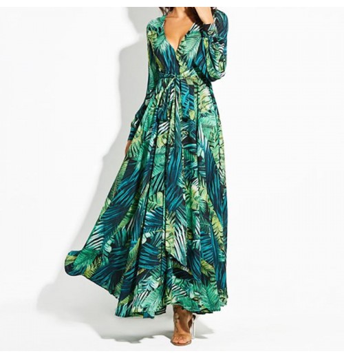 Customize Autumn Summer Womens clothing Casual Dress Lantern Sleeve Floral Printed Sexy V-neck Long Sleeve Leaf Hem Maxi Dress