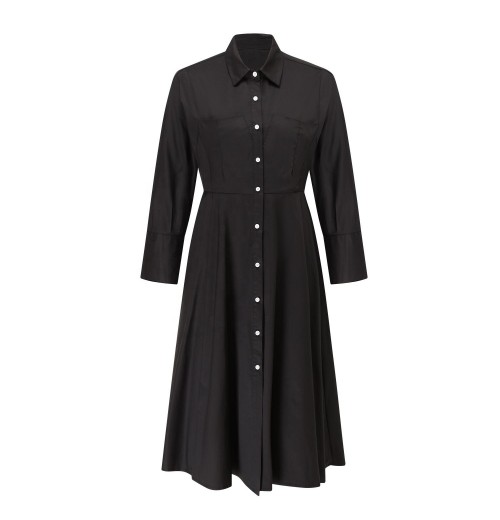 Custom Evening Black Solid Summer 100% Organic Cotton Pleated Pocket Church Midi Shirt Style Dress Elegant Modest Women Ladies