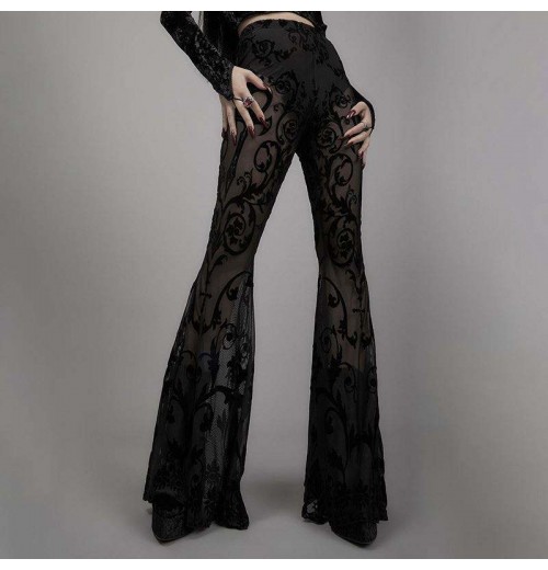 Goth Aesthetic Black Flared Pants Harajuku Sexy See Through Women Trousers Punk Grunge High Waist Cosplay Summer Pants