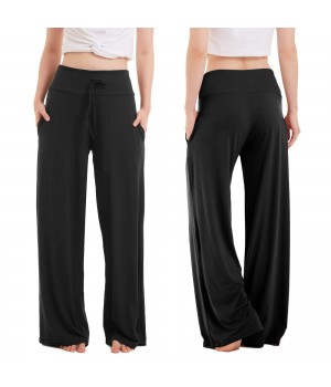 Soft Black Pajama Pants for Women Wide Leg Comfy Casual Lounge Yoga Capri Pants with Pockets Drawstring Pj Bottoms