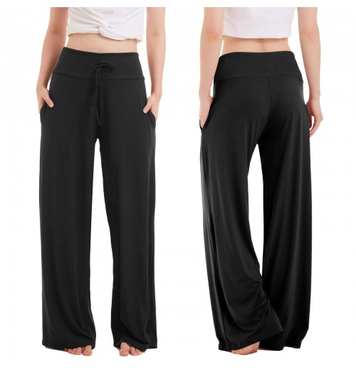 Soft Black Pajama Pants for Women Wide Leg Comfy Casual Lounge Yoga Capri Pants with Pockets Drawstring Pj Bottoms